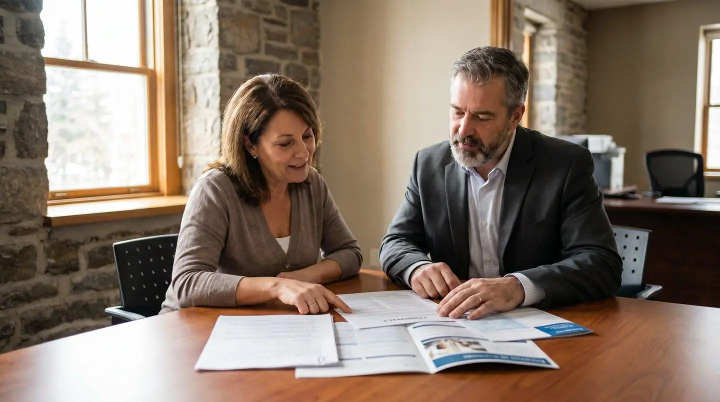 Courtier en assurance de dommages présentant les options de couverture à un propriétaire québécois autour d'une table de travail