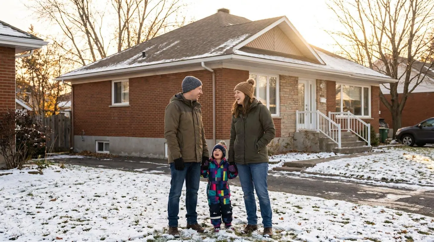 Famille québécoise devant leur maison résidentielle au Québec, symbolisant la protection patrimoniale offerte par l'assurance de dommages
