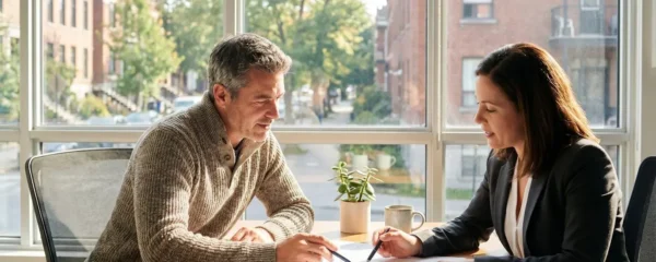 Propriétaire québécois discutant de sa couverture d'assurance avec un courtier dans un bureau lumineux à Montréal