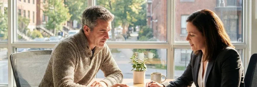 Propriétaire québécois discutant de sa couverture d'assurance avec un courtier dans un bureau lumineux à Montréal
