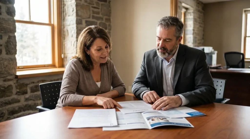 Courtier en assurance de dommages présentant les options de couverture à un propriétaire québécois autour d'une table de travail