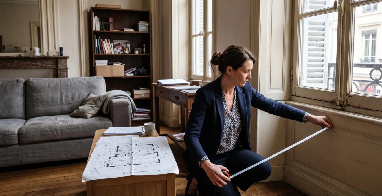 Une agente immobilière mesure la surface habitable d'un appartement avec un mètre ruban, un plan du bien posé sur une console à côté d'elle.