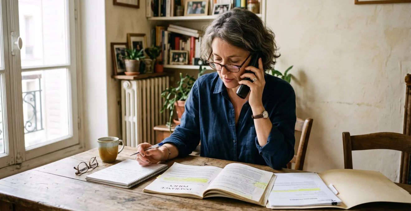 Une femme consulte son contrat d'assurance tout en posant une question par téléphone depuis sa table de séjour.