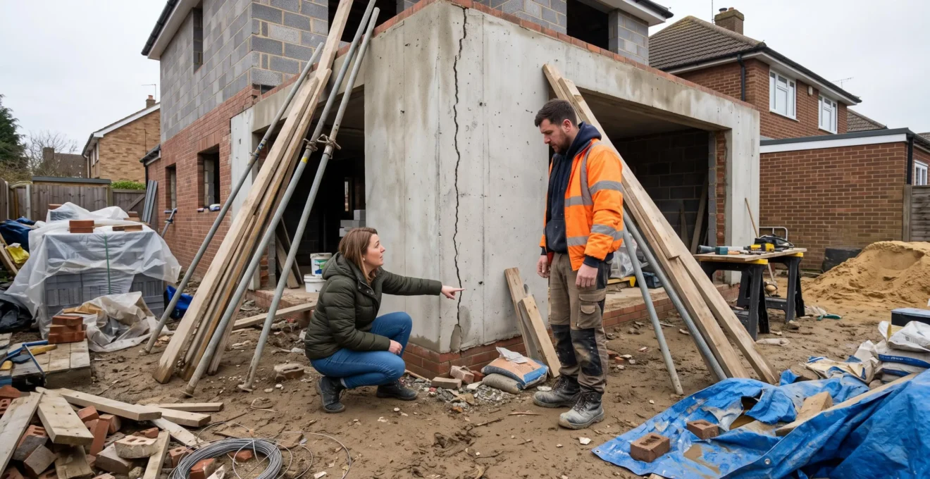 Un propriétaire montre une fissure sur un mur de chantier à un artisan, au milieu de matériaux tombés et d'un échafaudage partiellement effondré.