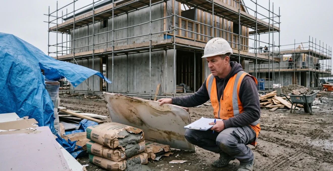 Un conducteur de travaux accroupi examine des matériaux de construction endommagés par la pluie sur un chantier sous échafaudage.