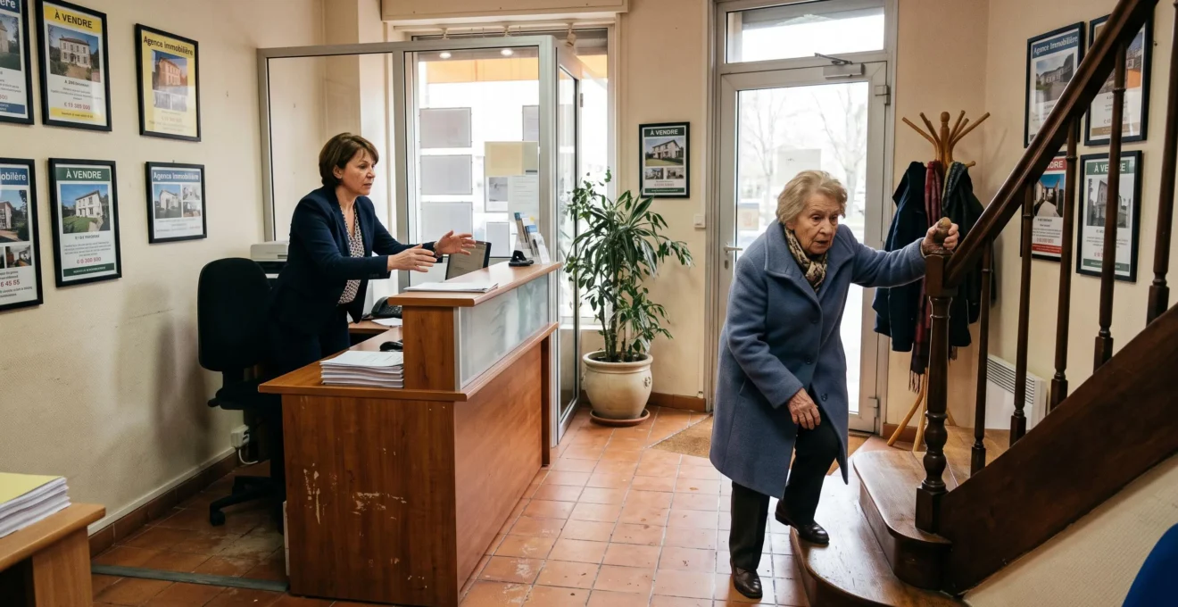 Un client titube en bas de l'escalier d'une agence immobilière pendant qu'un agent se lève précipitamment de son bureau pour lui venir en aide.