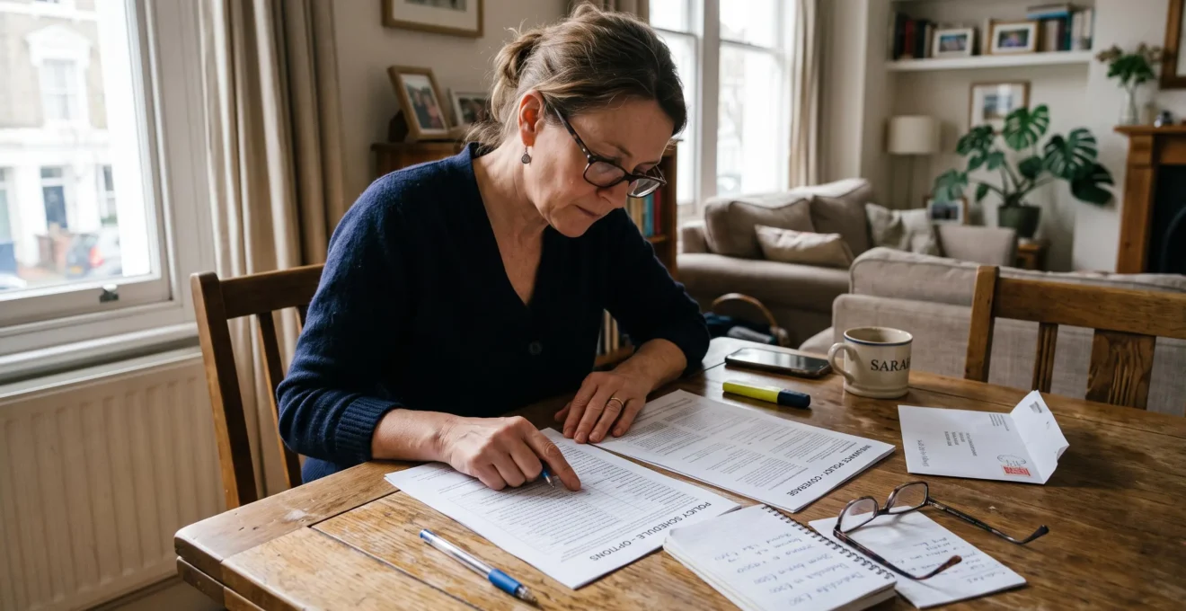 Une personne compare deux contrats d'assurance habitation posés côte à côte sur une table et surligne des passages avec un stylo.