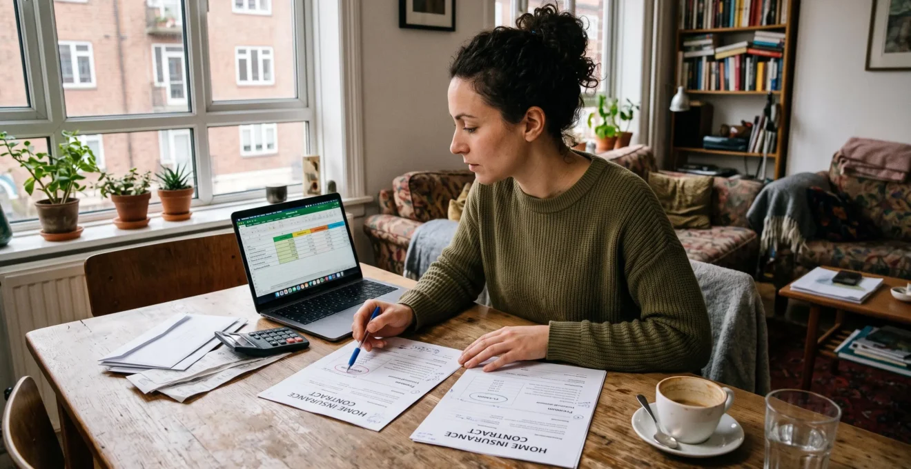 Une personne compare à sa table deux contrats d'assurance habitation annotés, un calculateur et un ordinateur portable à côté, dans son salon.