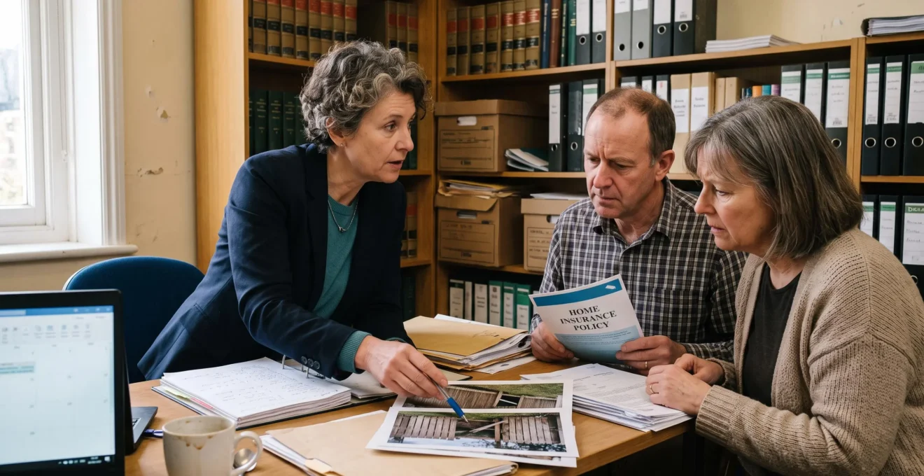 Une avocate explique à un couple de propriétaires un dossier de litige de voisinage composé de photographies et de courriers, dans un bureau juridique.