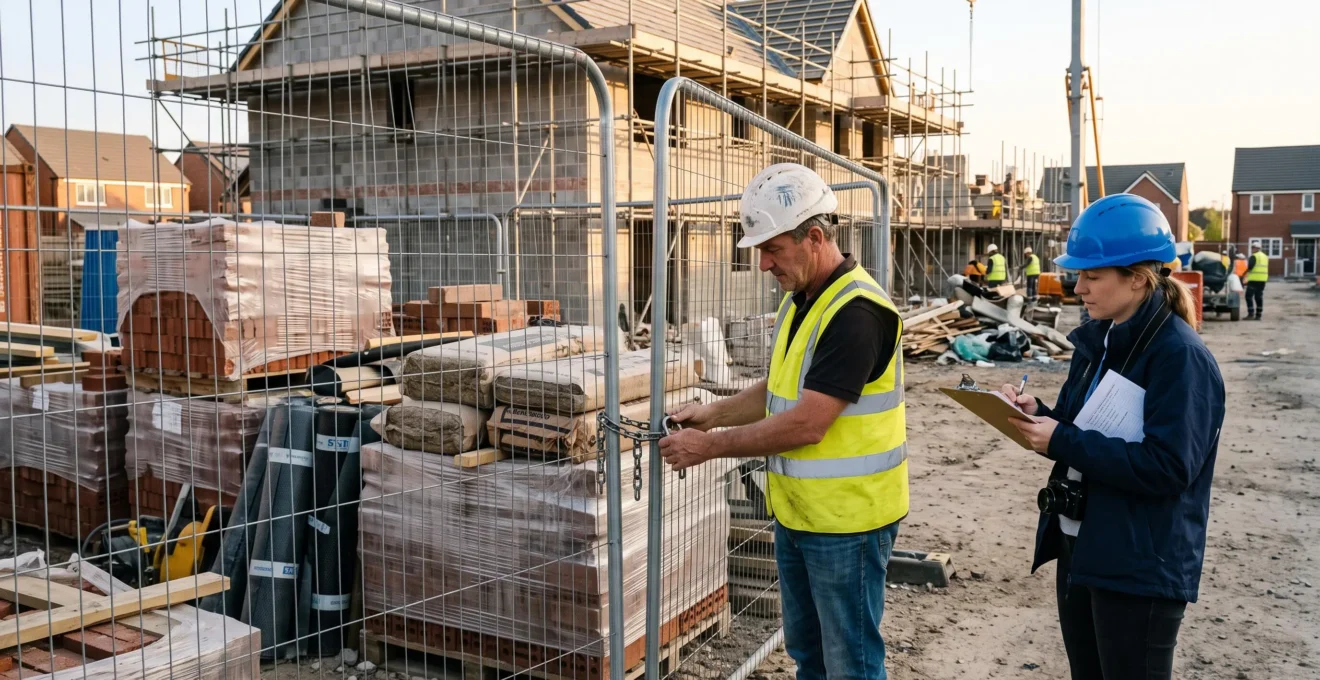 Un conducteur de travaux et un expert examinent le stockage sécurisé de matériaux sur un chantier de construction fermé par une barrière.