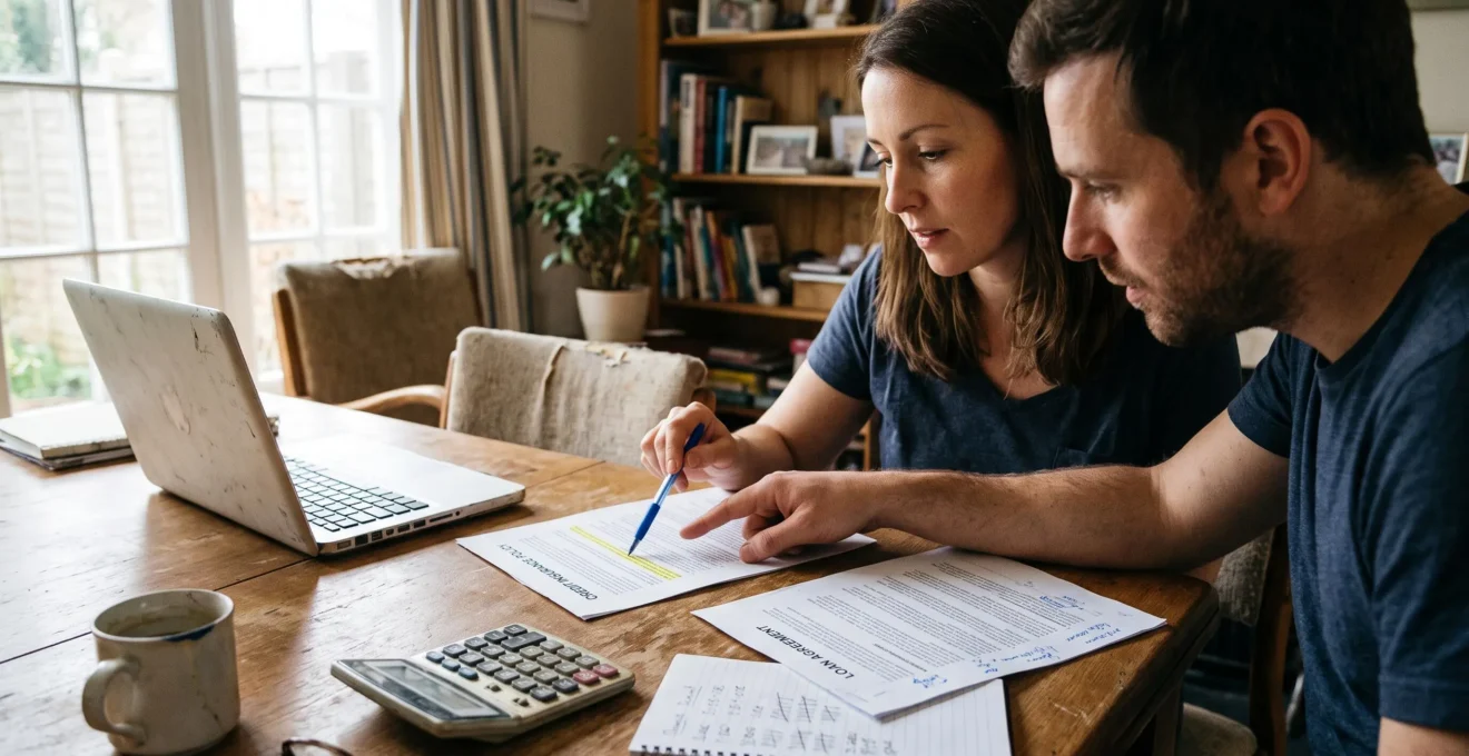 Un couple compare deux contrats d'assurance emprunteur annotés posés sur une table, l'un pointant une ligne au stylo, dans une salle à manger éclairée par la lumière du jour.