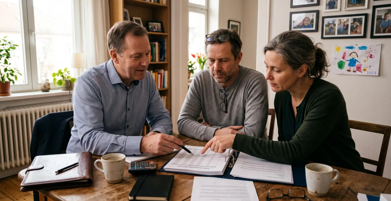 Un couple examine avec un conseiller un tableau d'amortissement de prêt immobilier posé sur la table du salon.