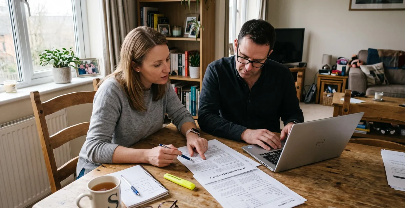 Un couple examine ensemble les clauses de son contrat d'assurance habitation posé sur une table de salle à manger.