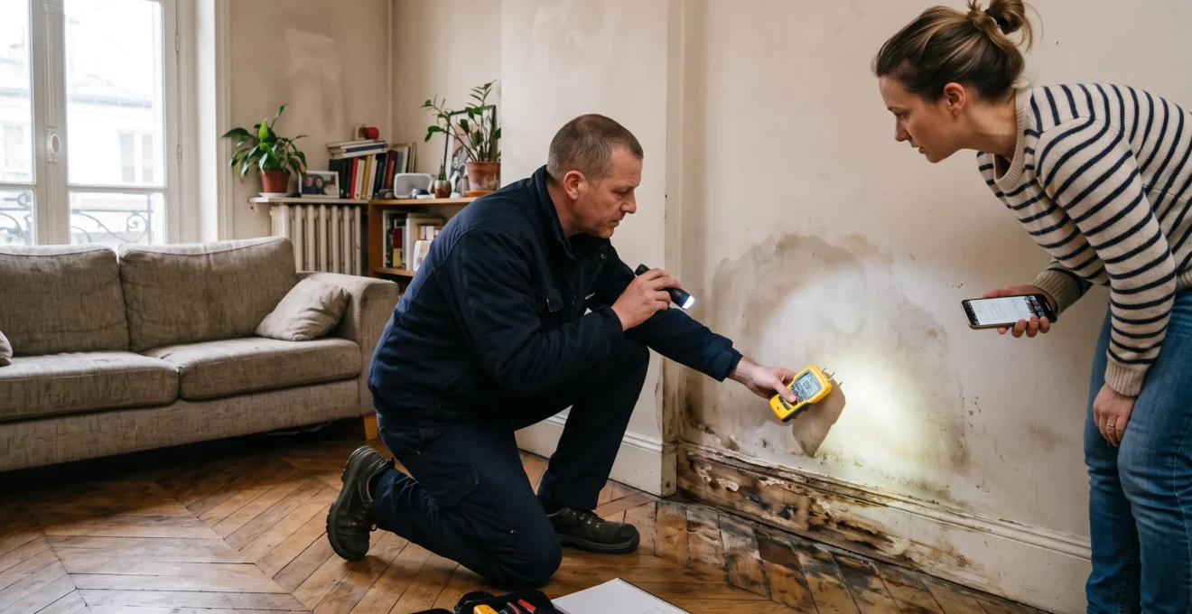 Un expert en assurance examine avec un détecteur d'humidité un mur abîmé par un dégât des eaux devant la locataire dans un salon.