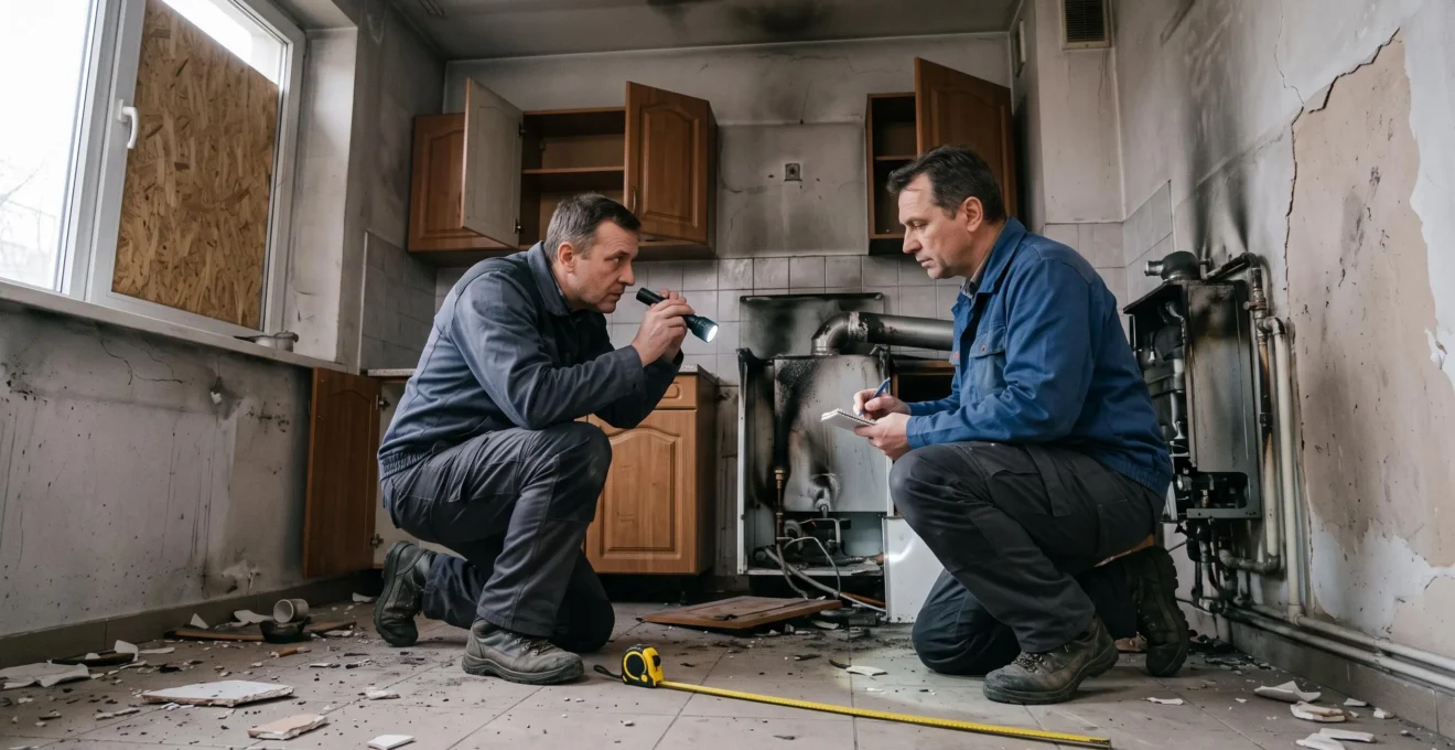 Un expert en assurance examine une chaudière à gaz noircie par une explosion dans une cuisine aux meubles endommagés.