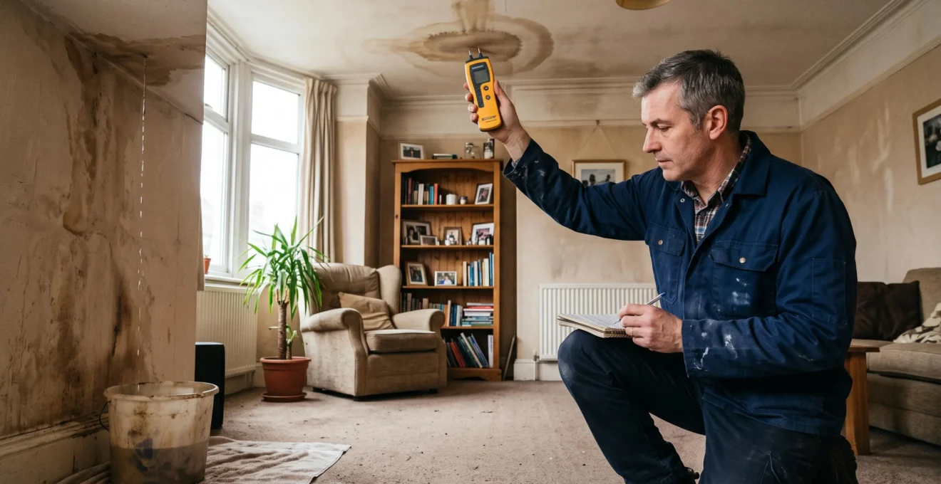 Un expert examine avec un humidimètre un plafond taché par un dégât des eaux dans un appartement.