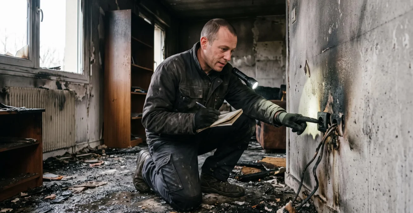 Un expert en assurance inspecte une prise électrique calcinée dans un salon endommagé par un incendie, notant ses observations sur un carnet.