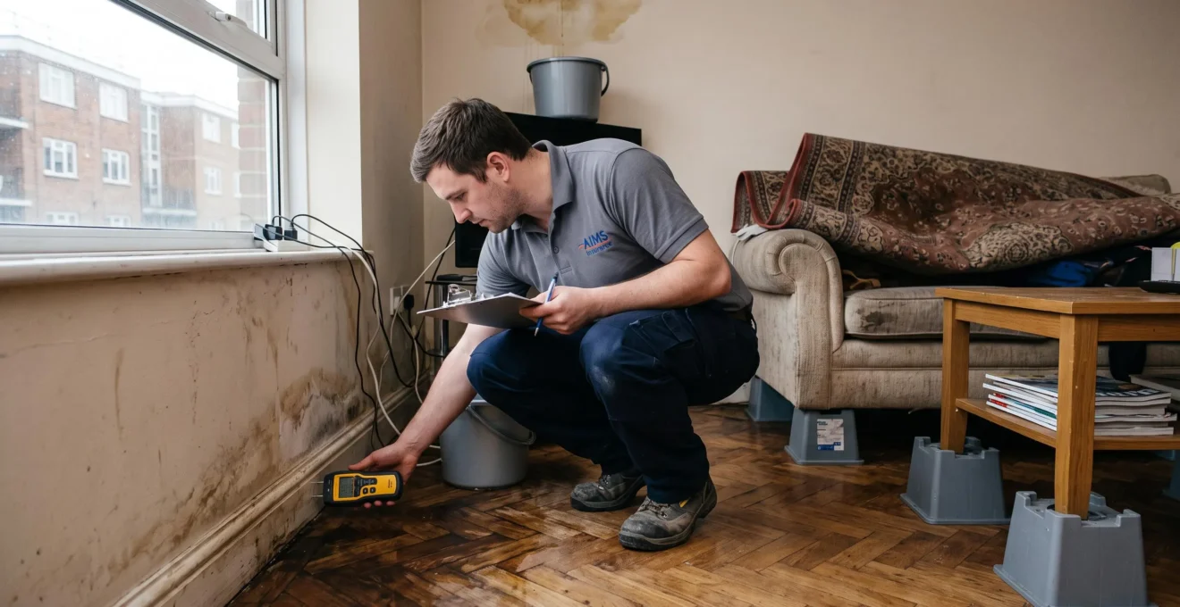 Un expert en assurance mesure l'humidité d'un parquet gonflé dans un appartement touché par un dégât des eaux, plafond taché et biens surélevés en arrière-plan.