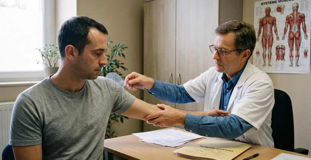 Un médecin expert mesure la mobilité de l'épaule d'un patient assis en face de lui, dans un cabinet de consultation avec un dossier médical sur le bureau.