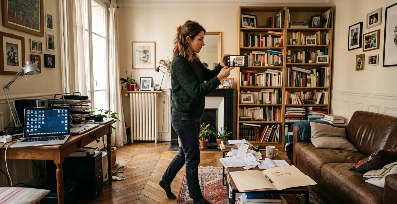 Une femme filme avec son smartphone les meubles et équipements de son salon pour constituer un inventaire vidéo de ses biens.