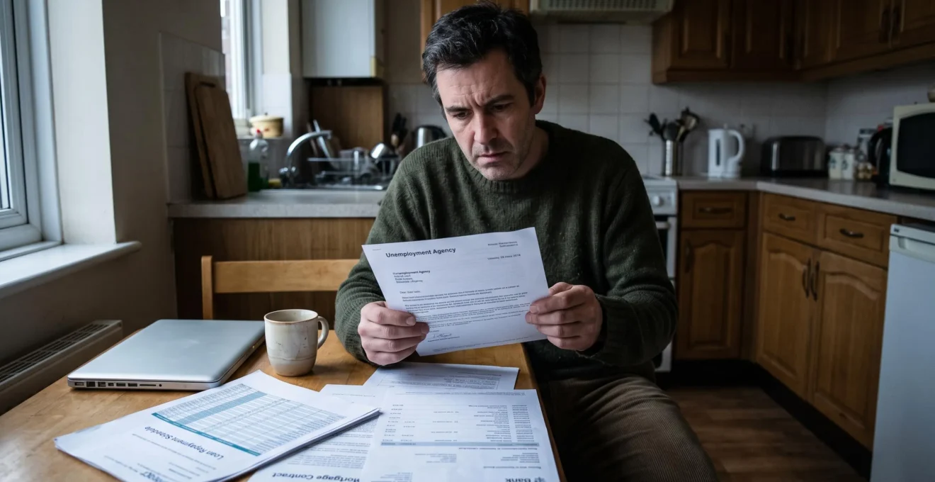 Un homme assis à la table de sa cuisine lit une lettre officielle de chômage entourée de documents de prêt immobilier et de relevés bancaires.