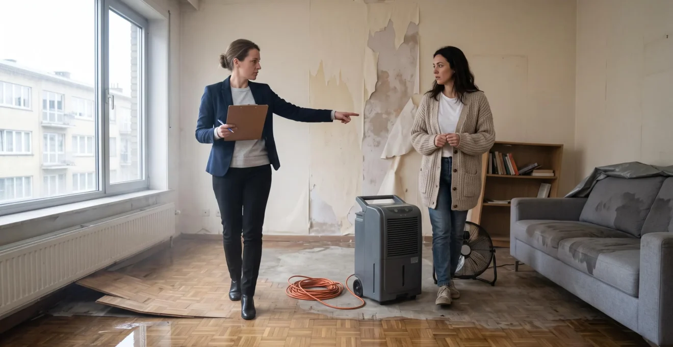 Un expert d'assurance et le locataire d'un appartement inspectent une pièce rendue inhabitable par un dégât des eaux, avec déshumidificateur et parquet endommagé.