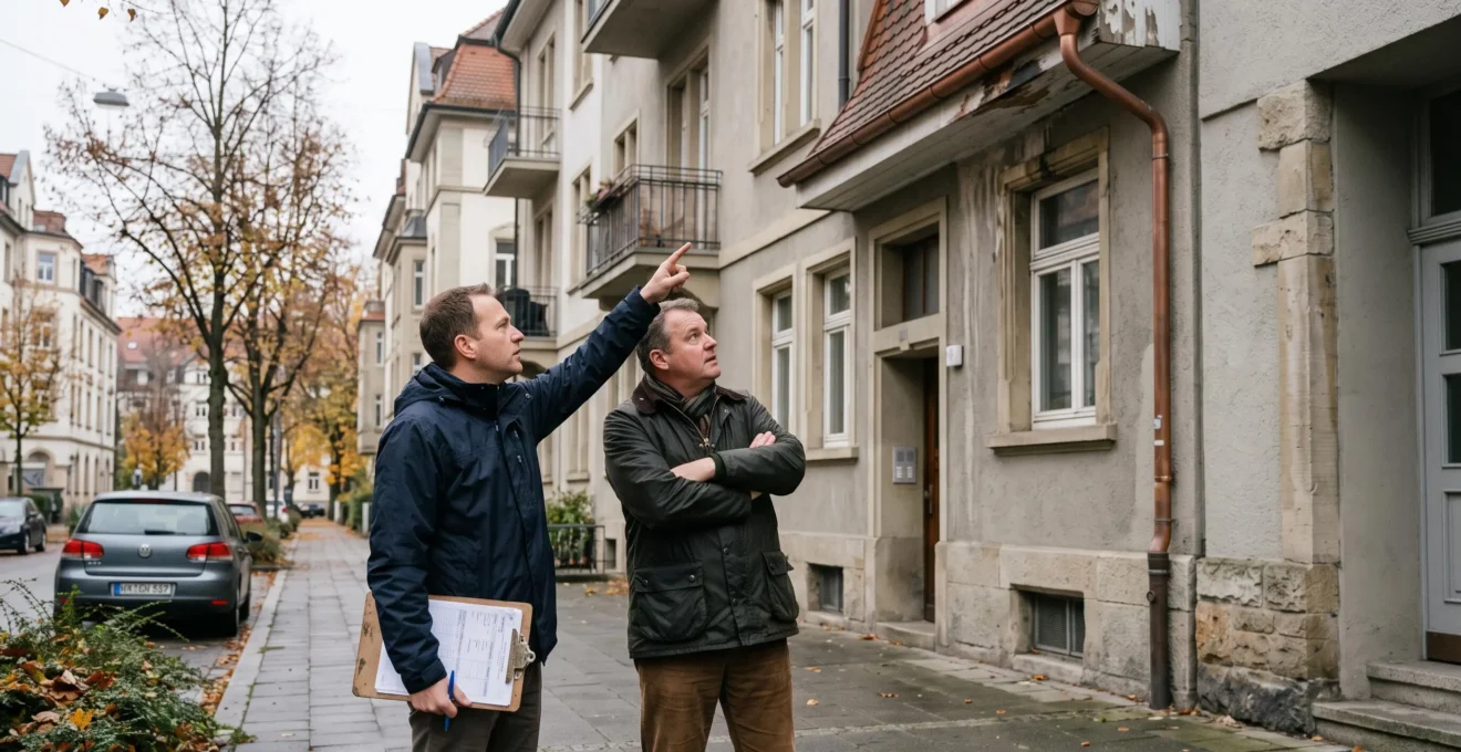 Un propriétaire et un expert en assurance examinent la façade d'un immeuble locatif lors d'une inspection après sinistre.