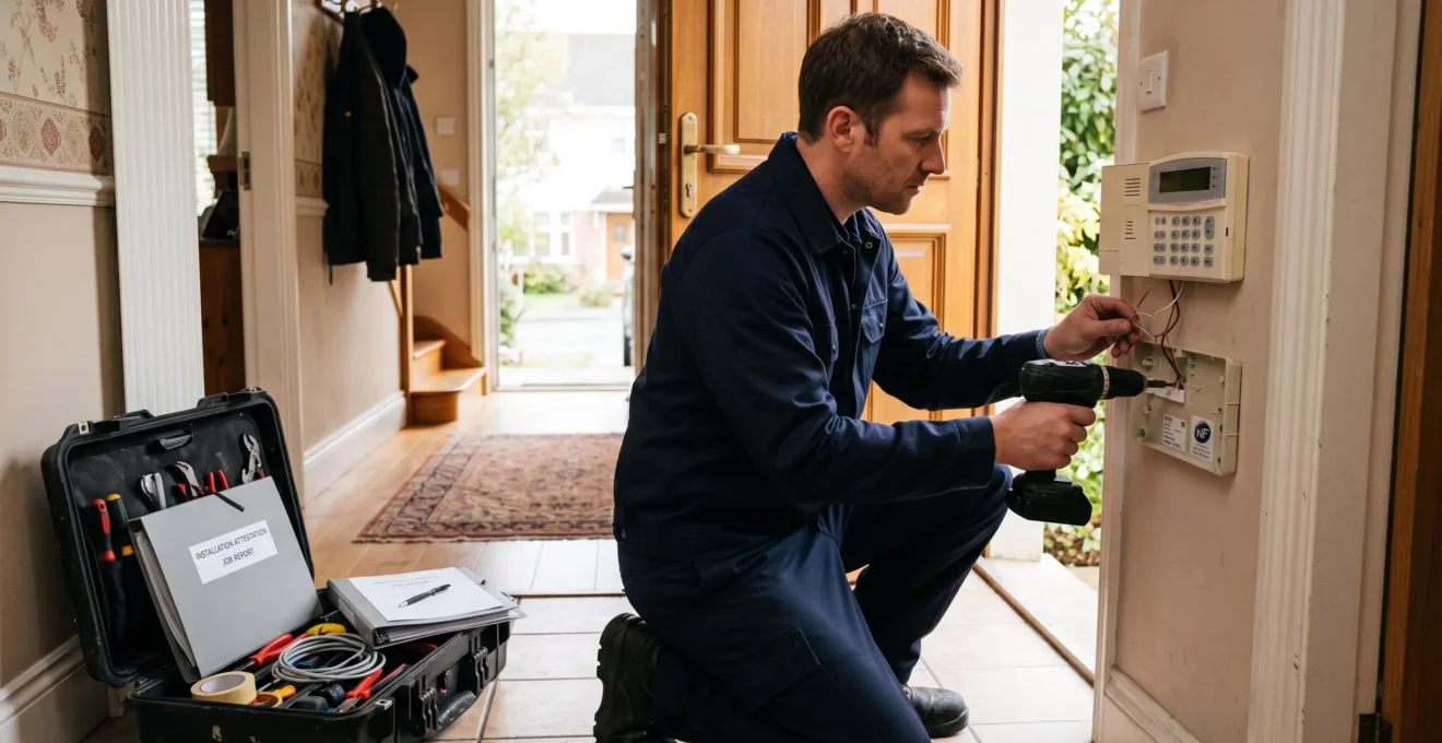 Un installateur fixe un panneau de contrôle d'alarme avec un visseuse sans fil à l'entrée d'une maison.