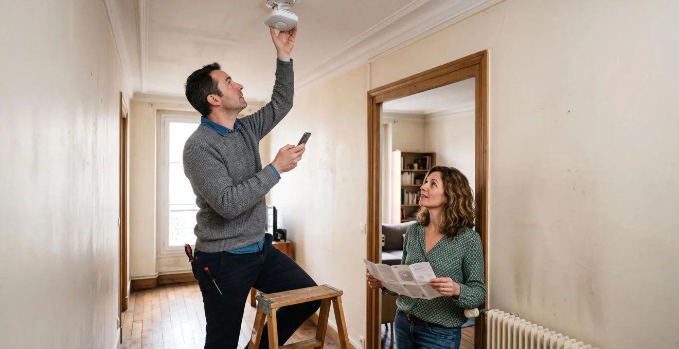 Un conseiller installe un détecteur de fumée connecté au plafond d'un appartement pendant qu'une cliente consulte la notice