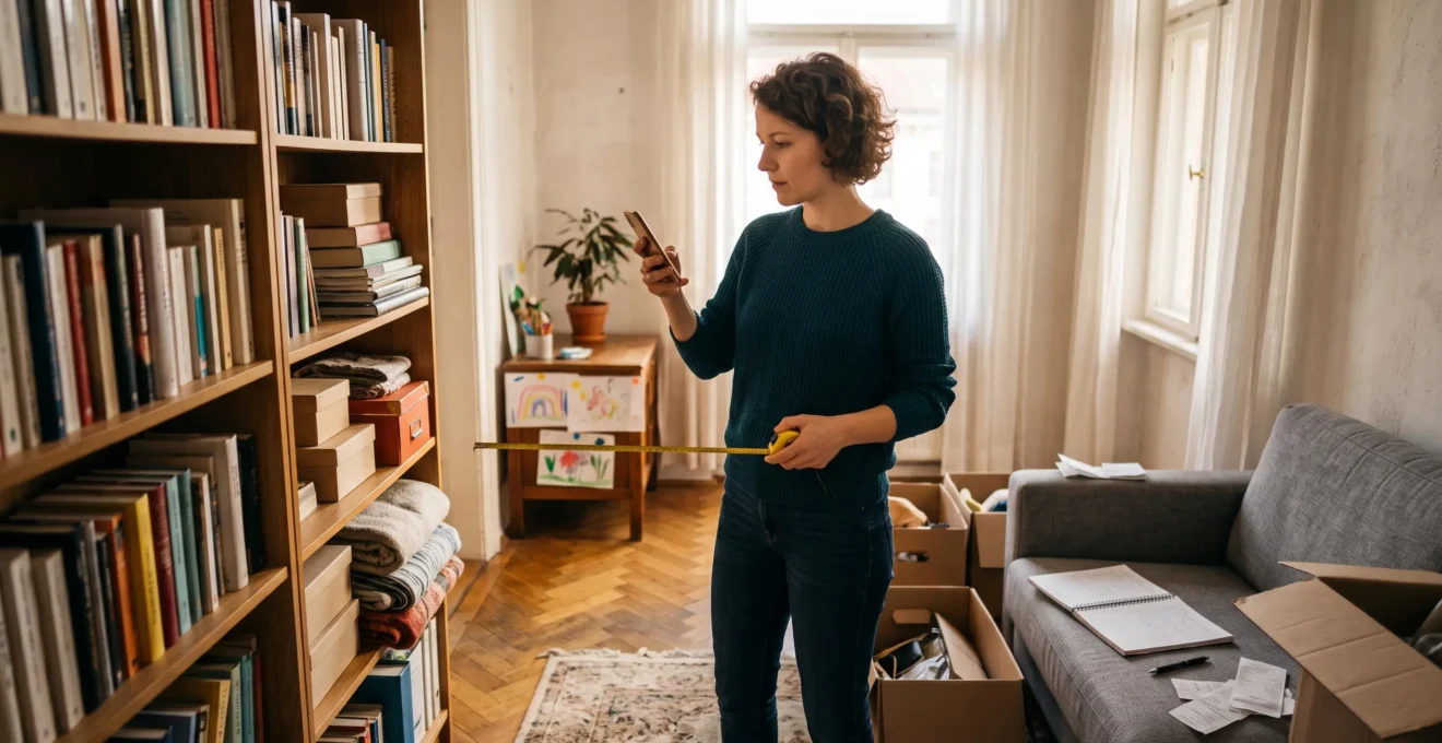 Une personne mesure et photographie son mobilier et ses objets dans un salon d'appartement pour établir un inventaire de ses biens.
