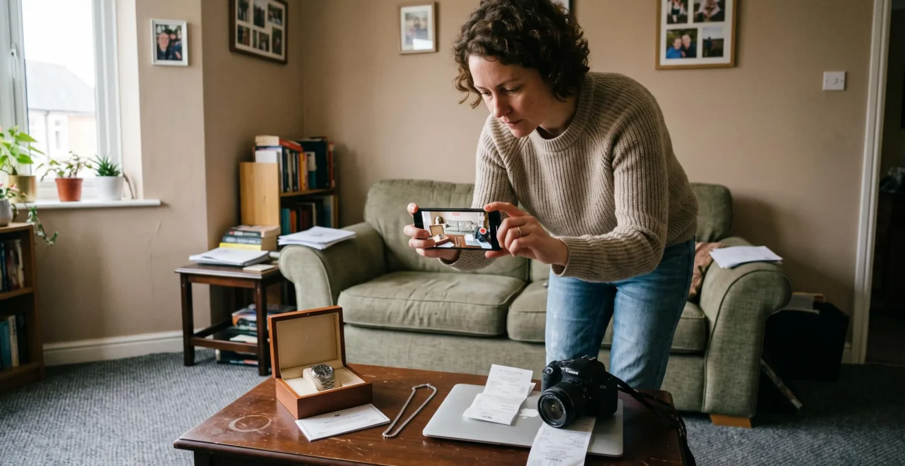 Une personne filme avec son smartphone une montre, des bijoux et des factures posés sur une table afin de constituer un inventaire de ses biens de valeur.