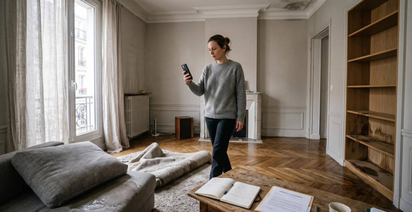 Un propriétaire filme avec son smartphone l'inventaire des biens endommagés de son salon après un sinistre domestique.