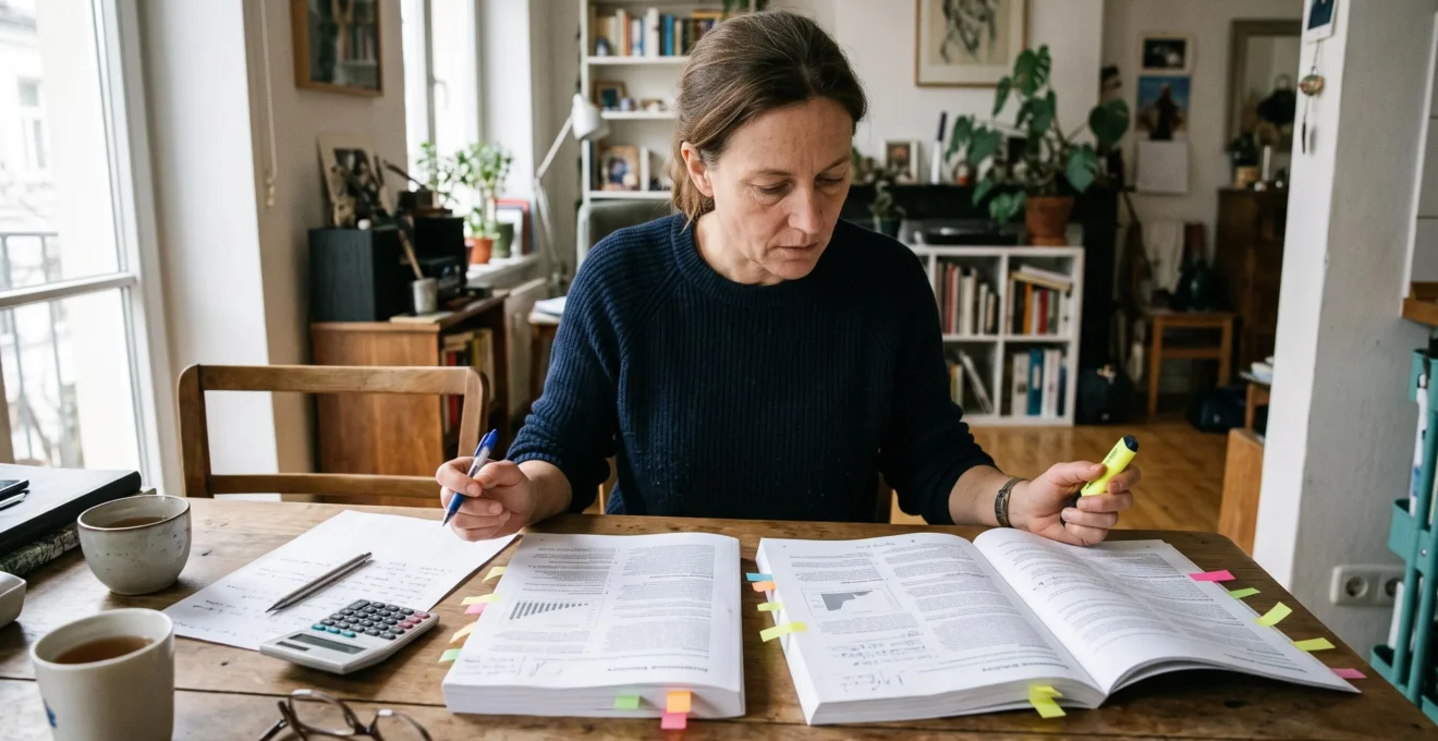 Une personne compare deux contrats d'assurance habitation ouverts sur une table, annotant les pages avec un surligneur et prenant des notes.