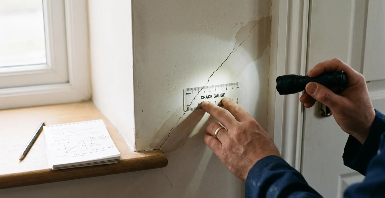 Inspecteur mesurant une fissure diagonale sur un mur intérieur à l'aide d'un témoin gradué et d'une lampe