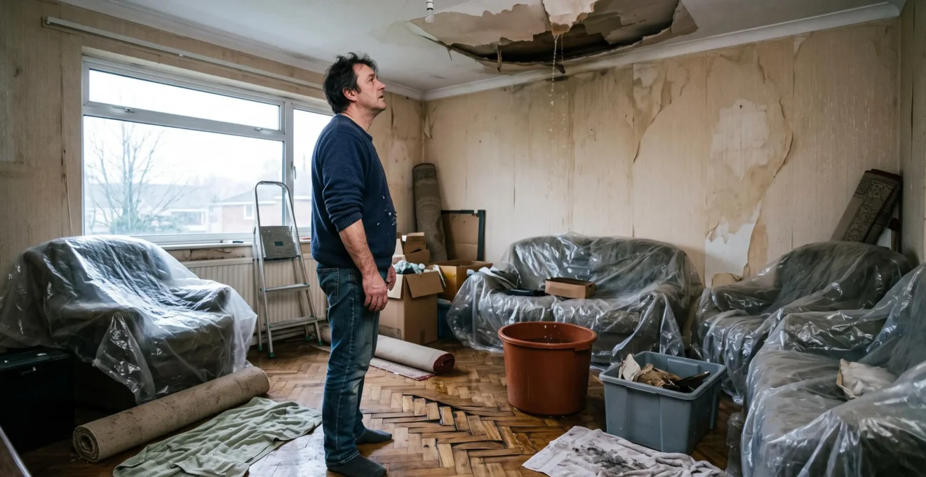 Un propriétaire observe le plafond effondré et le parquet détrempé de son salon après un dégât des eaux.