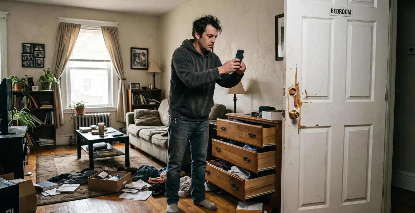 Un propriétaire photographie avec son smartphone une porte forcée et un meuble vidé après un cambriolage dans son appartement.