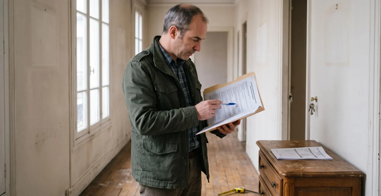 Un propriétaire relit les conditions de son contrat d'assurance dans l'entrée d'un appartement locatif vide lors d'un état des lieux de sortie.