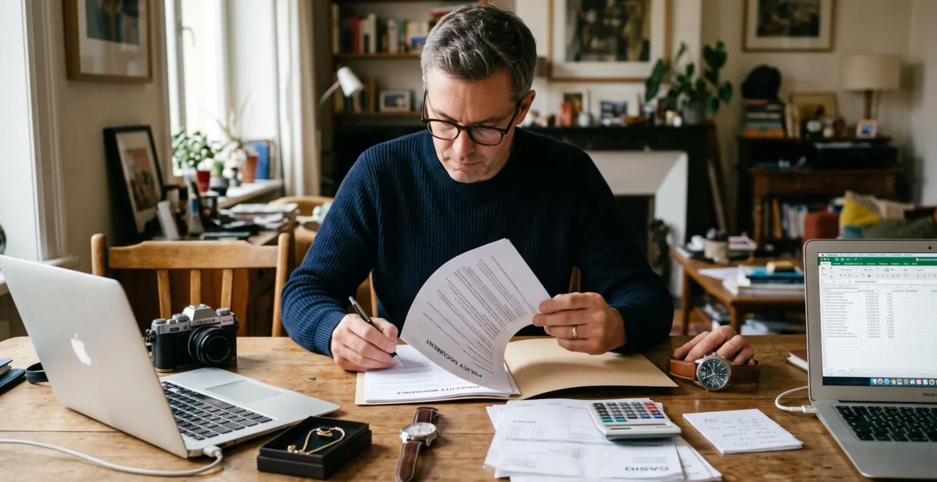 Un propriétaire compare son contrat d'assurance habitation avec ses objets de valeur, ses factures et une calculatrice posés sur la table.