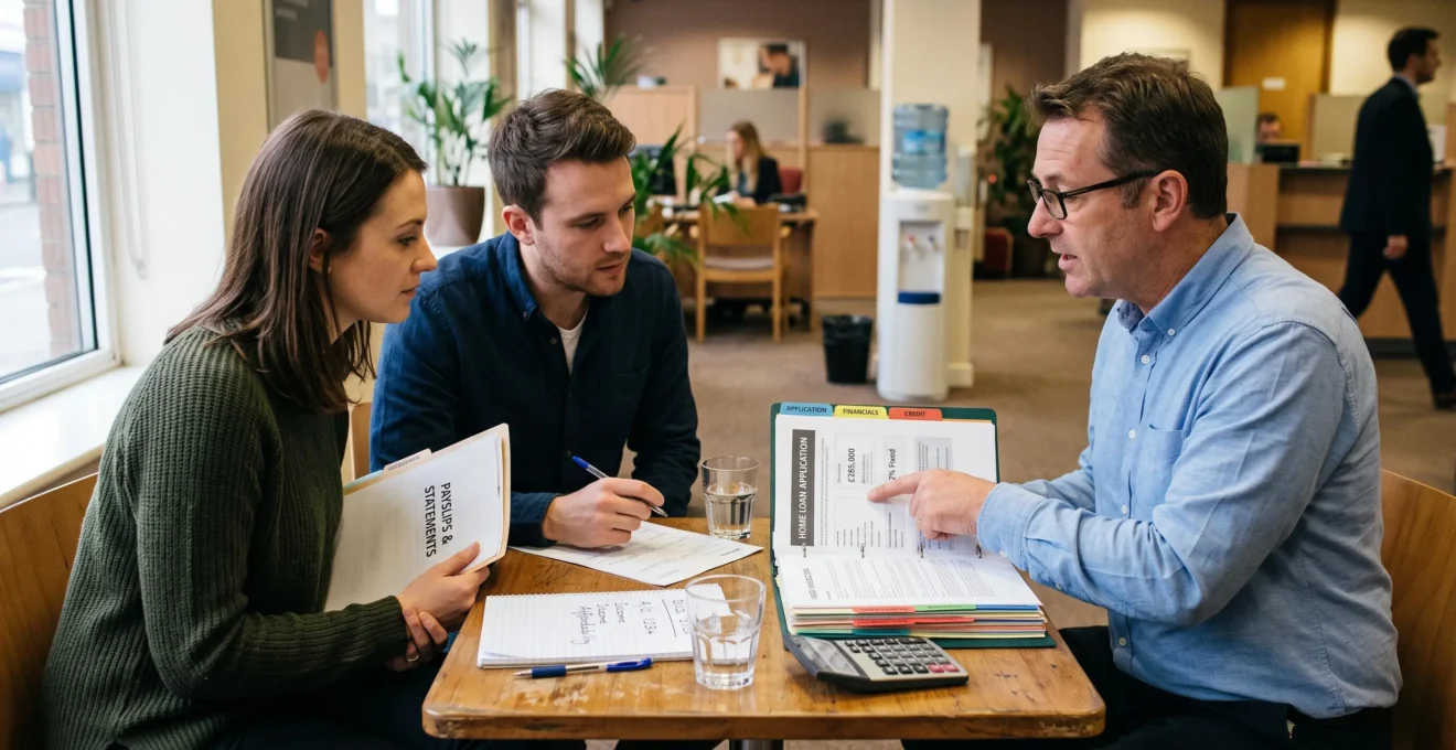 Un conseiller bancaire examine un dossier de prêt avec un couple venu déposer une demande de crédit immobilier dans une agence.
