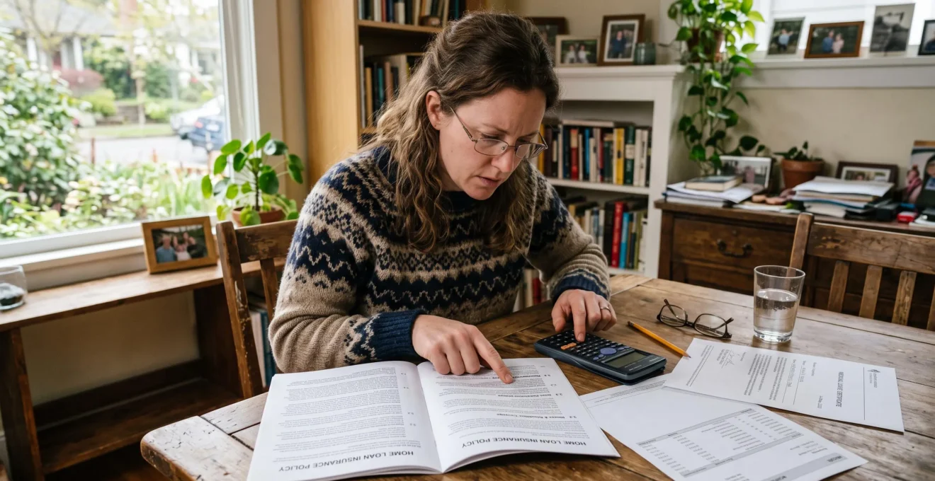 Une personne compare son contrat d'assurance emprunteur avec un certificat d'arrêt de travail et utilise une calculatrice pour estimer ses mensualités de crédit à couvrir.